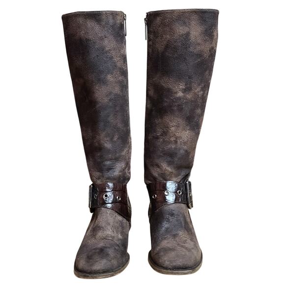 Donald J Pliner Brown Suede & Croc Leather Side Zip Buckle Stud Tall Boots 9 1/2 - Picture 2 of 6